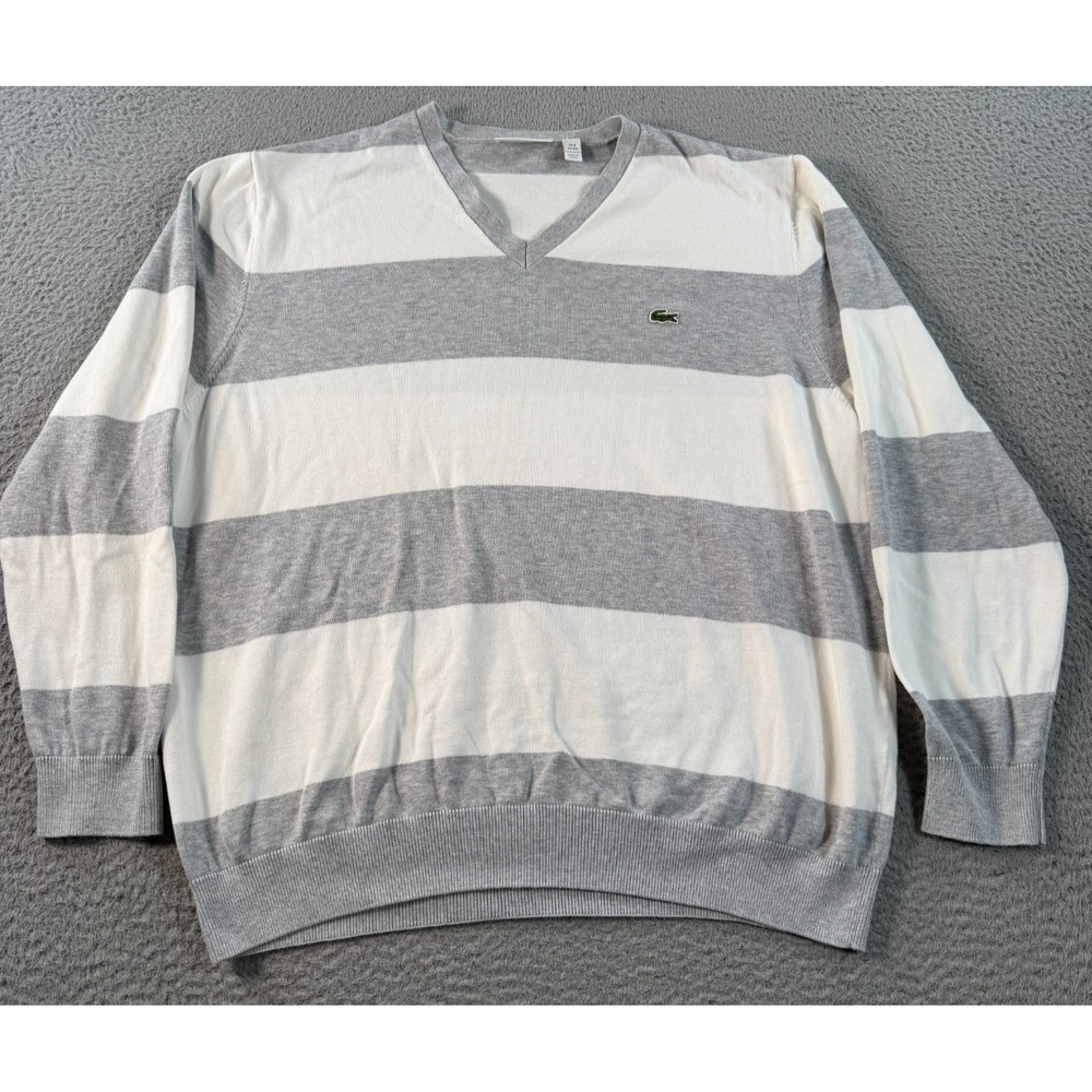 Lacoste Sweater Men's 3XL Gray Striped Ribbed Grandpa Crocodile Logo V Neck